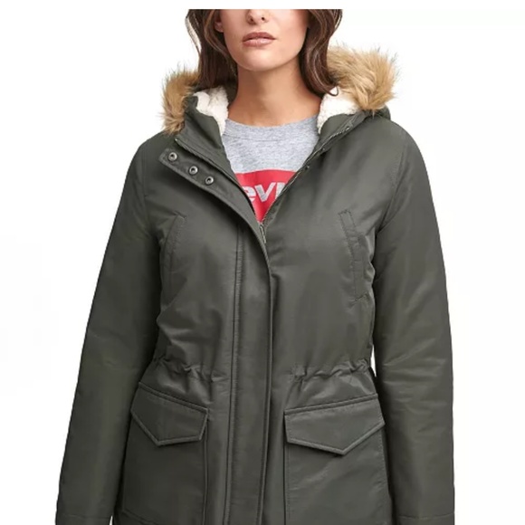 Levi’s Women's Hooded Fishtail Parka With Faux-Fur Trim Olive / Military Green S - Picture 4 of 13